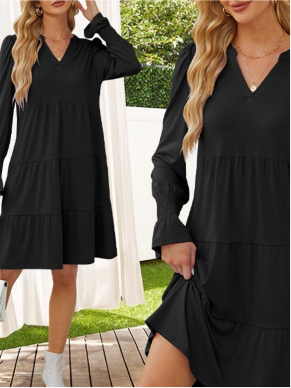 NWT Women's Long Sleeve Midi V Neck Flowy Swing Ruffle Tiered Casual Dress